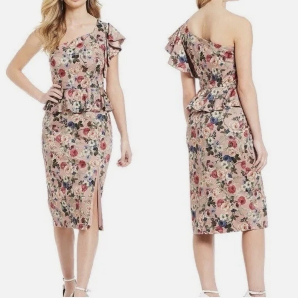 NWT Gianni Bini Danielle One-Shoulder Floral Peplum Dress in Blush Multi